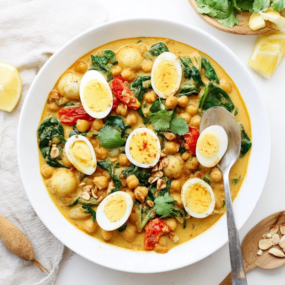 Golden eggs swimming in mild spiced coconut sauce with tender chickpeas and vibrant greens