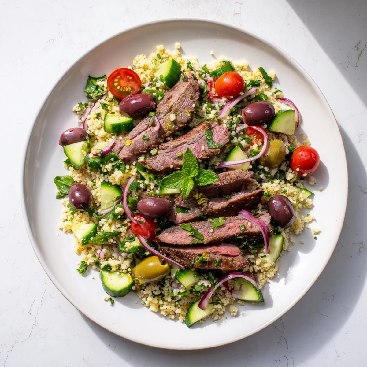Colorful Mediterranean bowl featuring smoky grilled skirt steak served atop light couscous with cherry tomatoes, cucumber, and olives