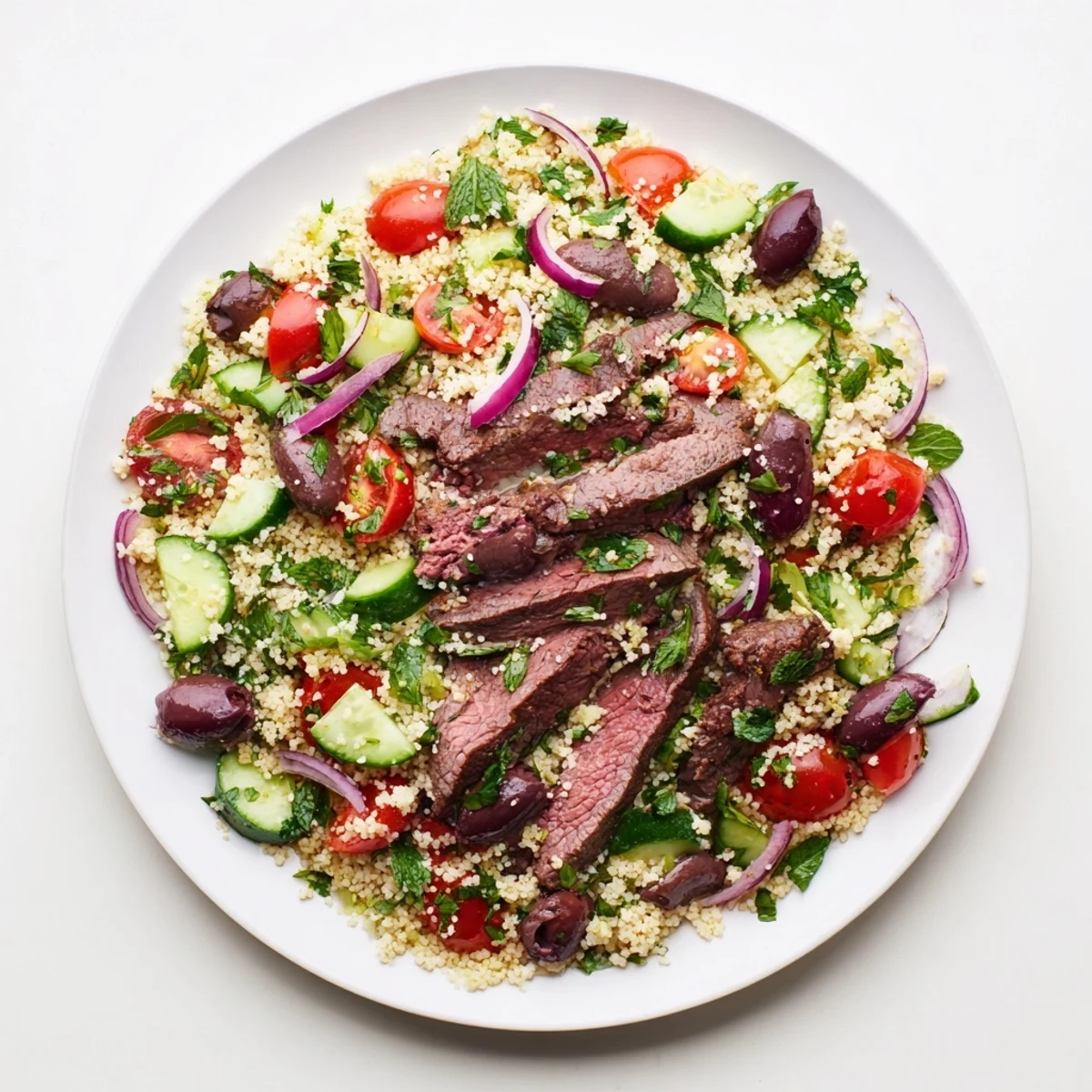 Golden grilled skirt steak slices arranged over fluffy couscous salad with fresh vegetables and zesty herb dressing