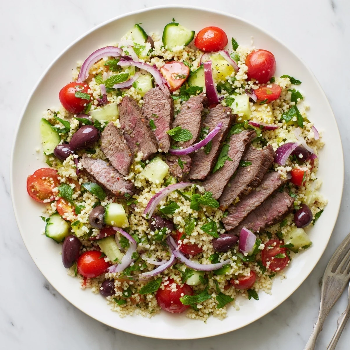 Sliced grilled skirt steak resting on a bed of herb-seasoned couscous salad garnished with fresh parsley and mint