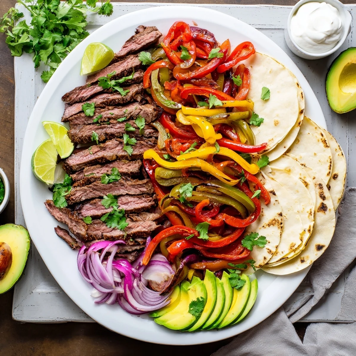 Sizzling grilled steak fajita platter featuring juicy sliced flank steak with colorful charred bell peppers and onions