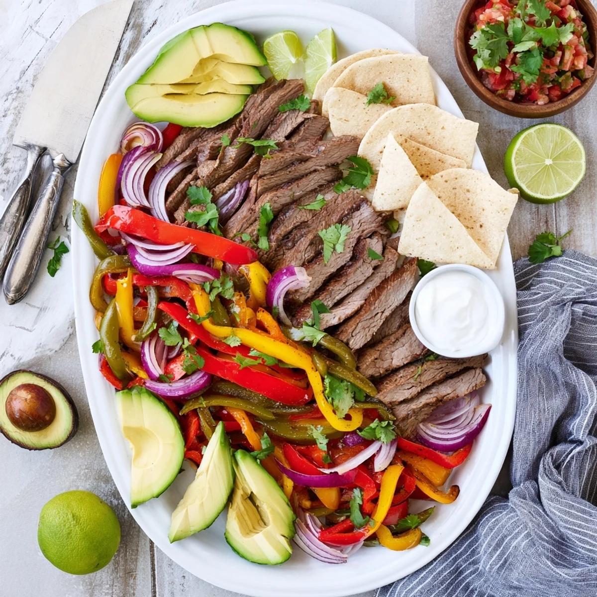 Rustic Tex-Mex grilled steak fajita platter piled high with tender marinated beef strips and vibrant sautéed vegetables