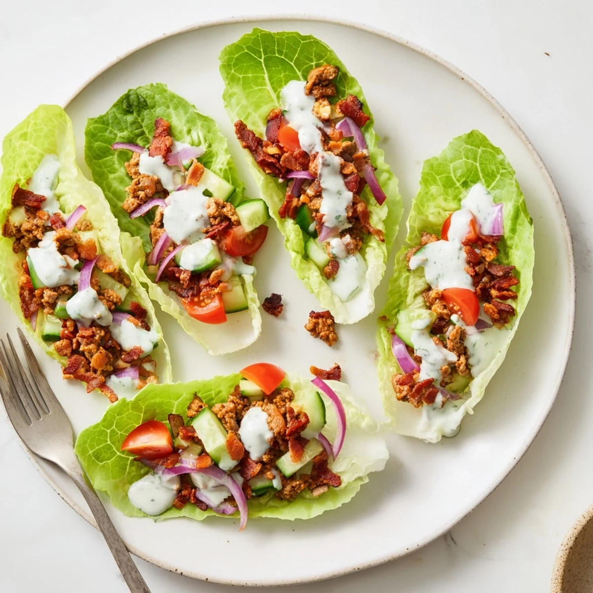 Crispy bacon, juicy chicken, and seasoned beef nestled in fresh lettuce leaves with ranch drizzle