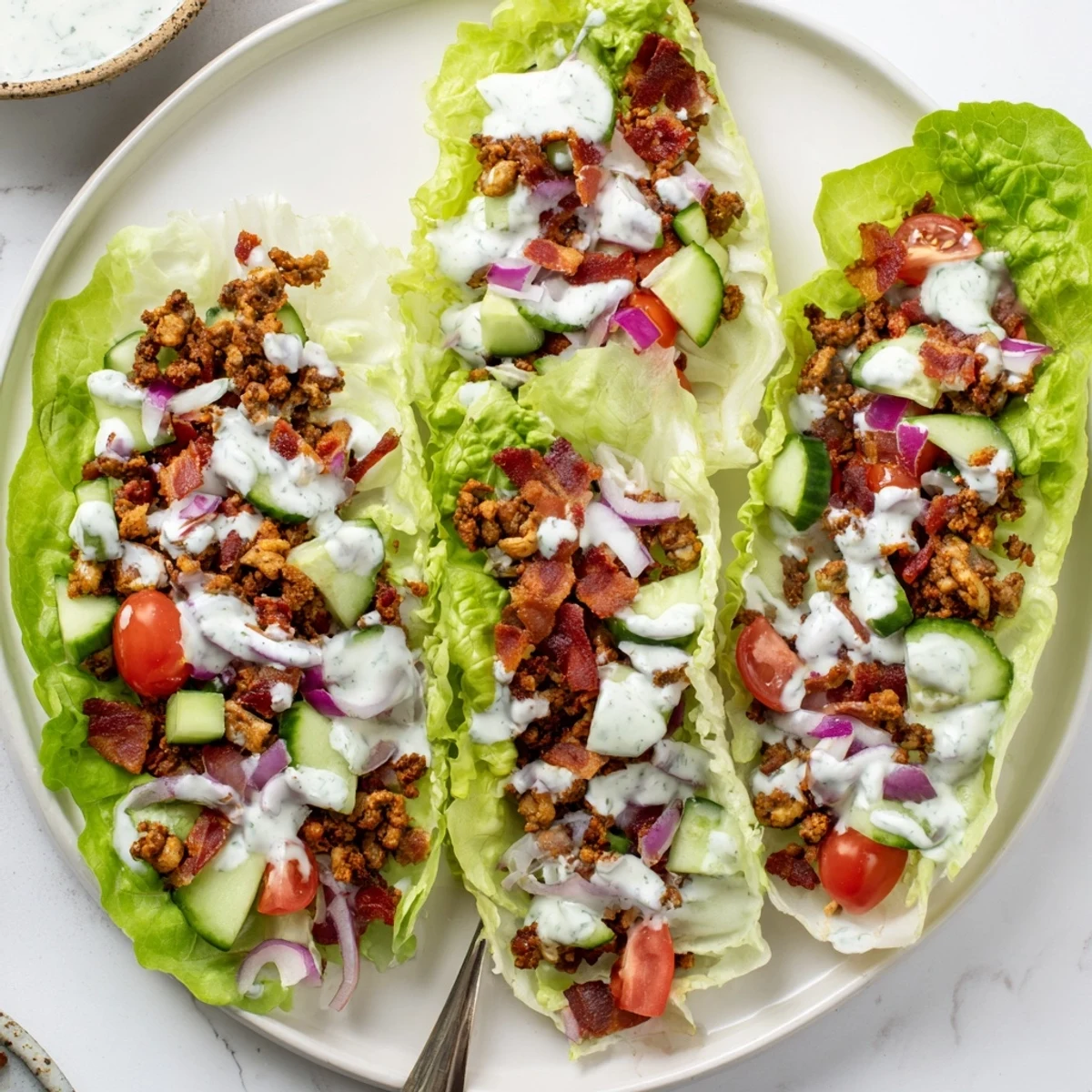 Protein-packed lettuce wraps loaded with savory chicken, ground beef, and crunchy bacon topped with vegetables