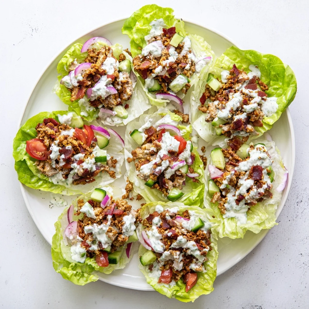 Fresh butter lettuce cups filled with tri-meat chicken, beef, and bacon combo drizzled with creamy ranch