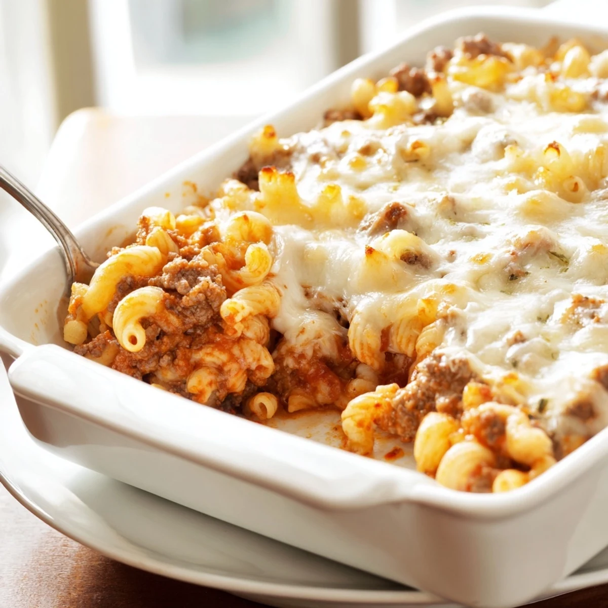 Golden cheesy garlic butter beefaroni baked pasta dish with melted mozzarella topping