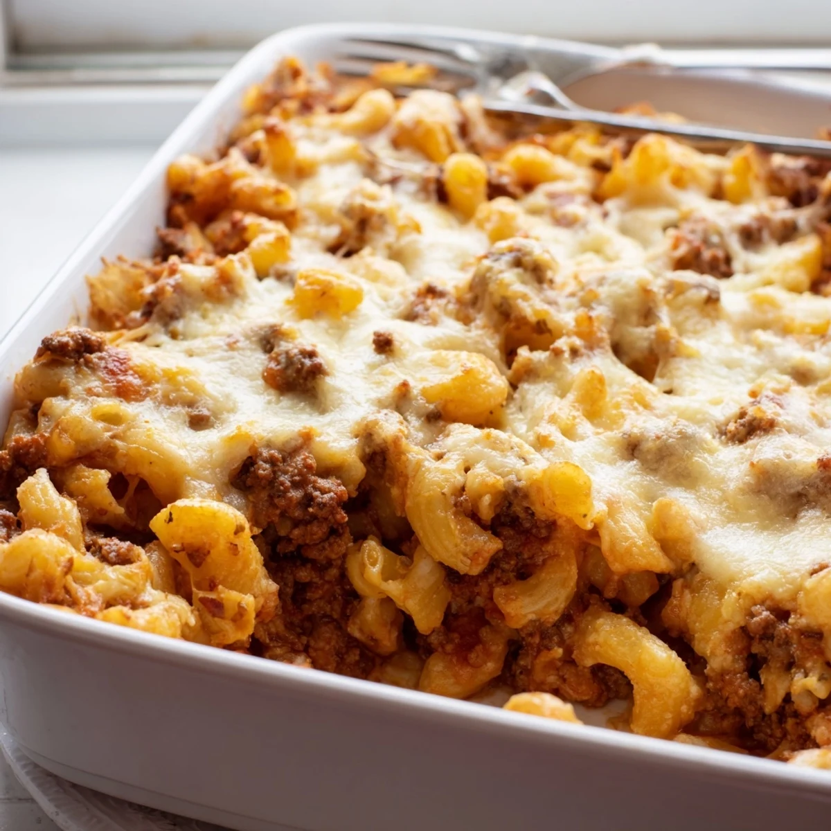 Hearty garlic butter beefaroni pasta bake topped with browned beef and melted cheeses