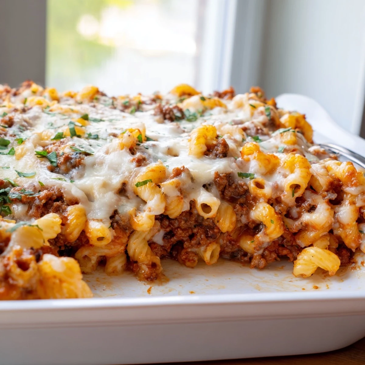 Comforting homemade garlic butter beefaroni casserole with bubbling cheese and ground beef
