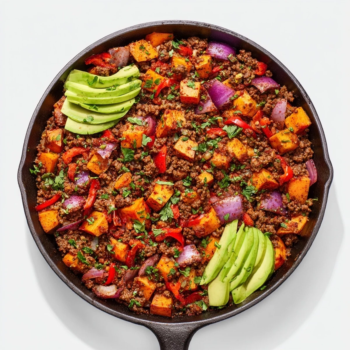 One-pan Southwest ground beef and sweet potato dish with melted cheddar cheese and bell peppers