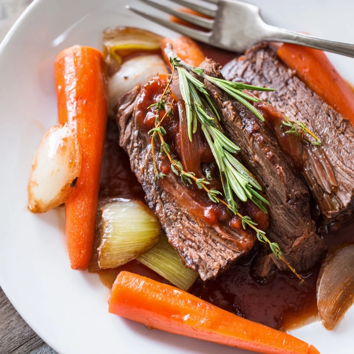 Succulent beef chuck roast slowly braised in red grape juice with aromatic herbs, sliced for serving