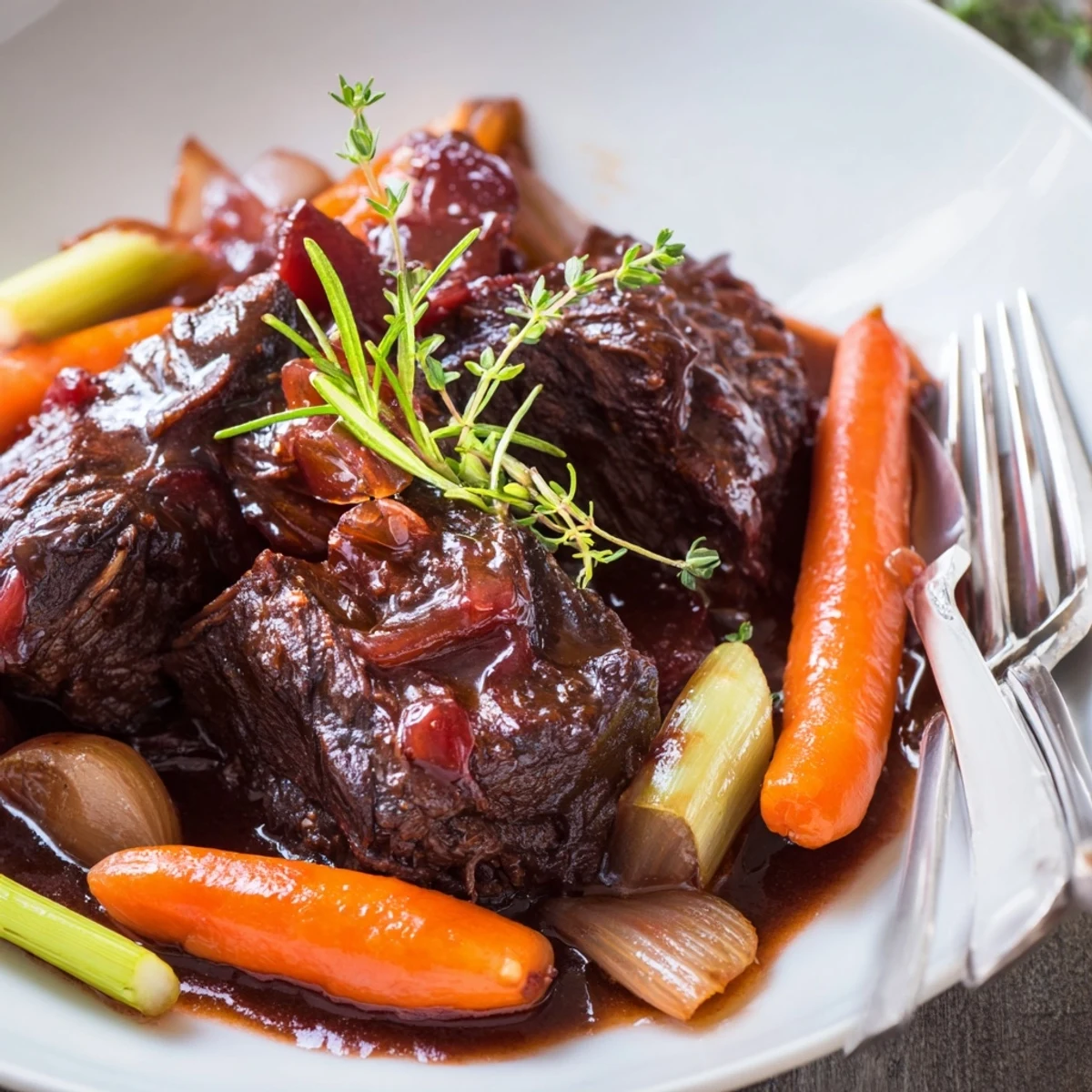 Fork-tender red grape juice braised chuck roast served with tender carrots and celery in a rich, savory sauce