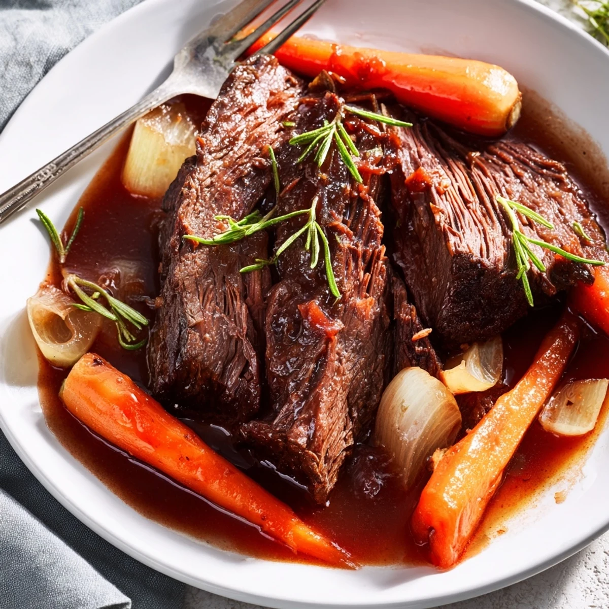 Melt in your mouth red grape juice braised chuck roast plated alongside roasted vegetables in a dark, glossy sauce