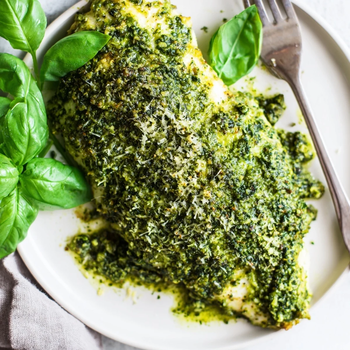 Golden baked lemon basil pesto chicken topped with vibrant green herb sauce and fresh basil garnish