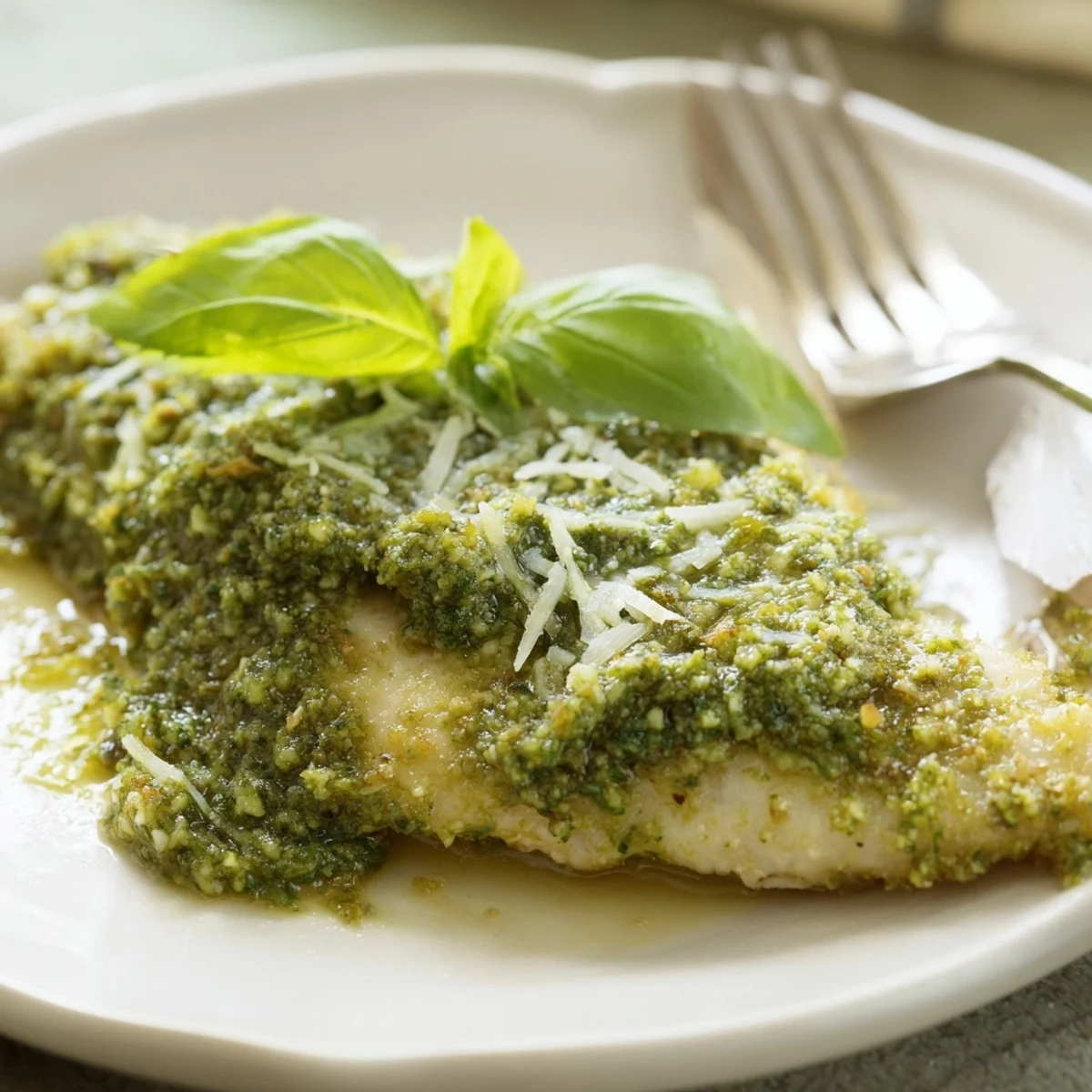 Tender juicy chicken breasts glazed with zesty lemon basil pesto, roasted to golden perfection