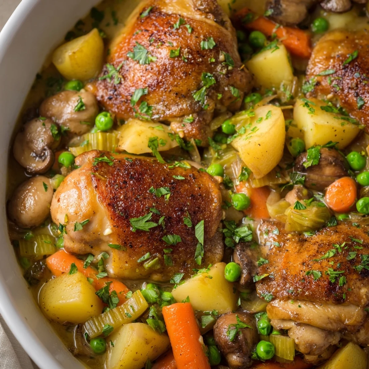 Golden brown French chicken casserole with tender vegetables in a rich white wine sauce, garnished with fresh parsley and served piping hot in a rustic Dutch oven