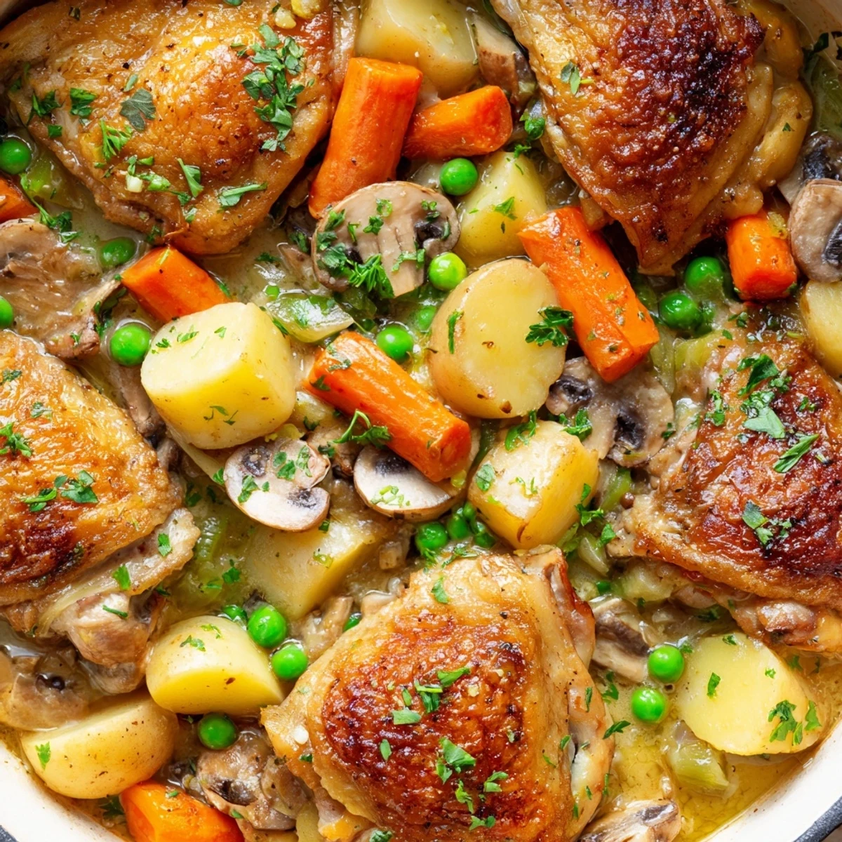 Hearty French chicken casserole featuring crispy skin-on thighs nestled with carrots, celery, and potatoes in a savory herb-infused broth