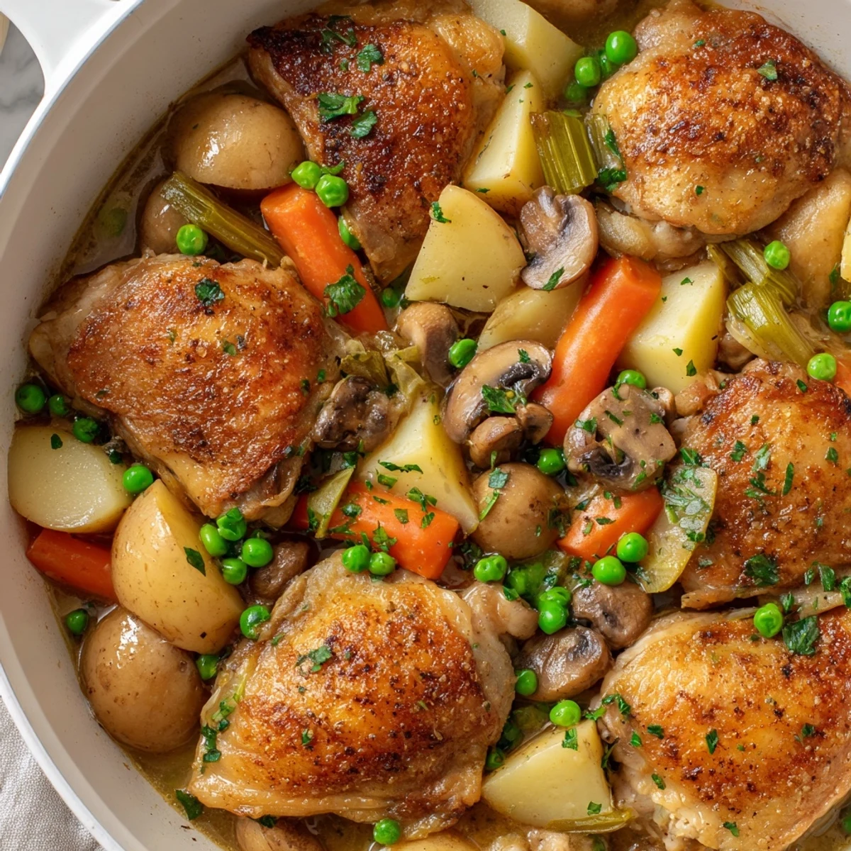 Comforting French chicken casserole bubbling in a ceramic dish, showcasing succulent chicken pieces, mushrooms, and peas in a velvety aromatic sauce perfect for family dinner
