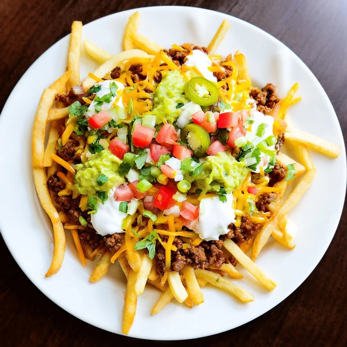Golden crispy fries piled high with seasoned taco beef and melted cheddar cheese garnished with fresh tomatoes and green onions