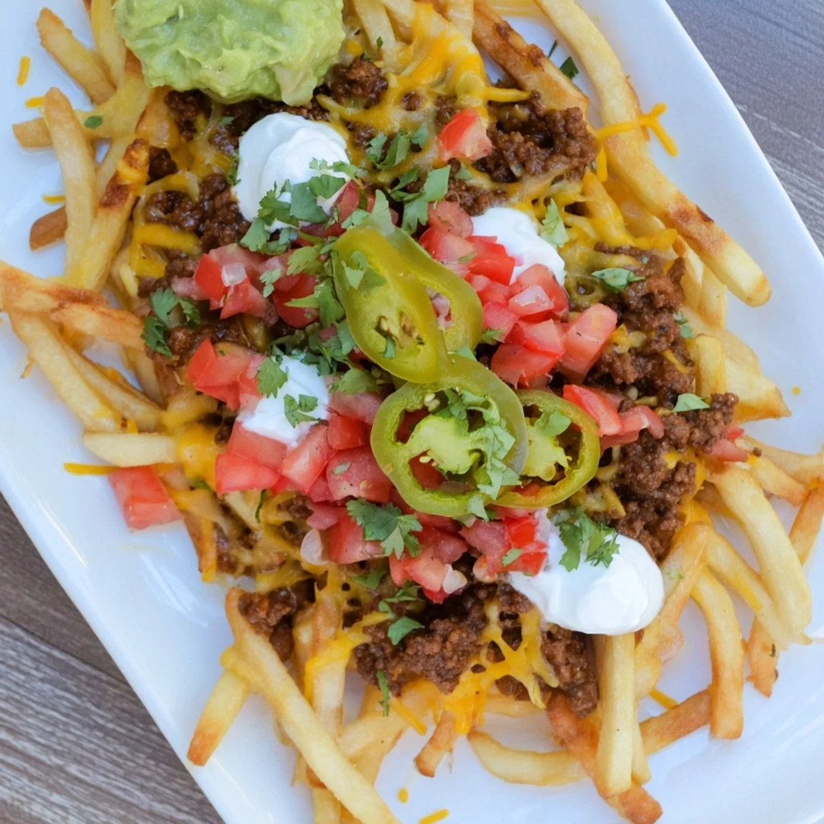 Loaded taco beef fries featuring savory ground meat atop crispy potato wedges topped with Monterey Jack sour cream and sliced jalapeños