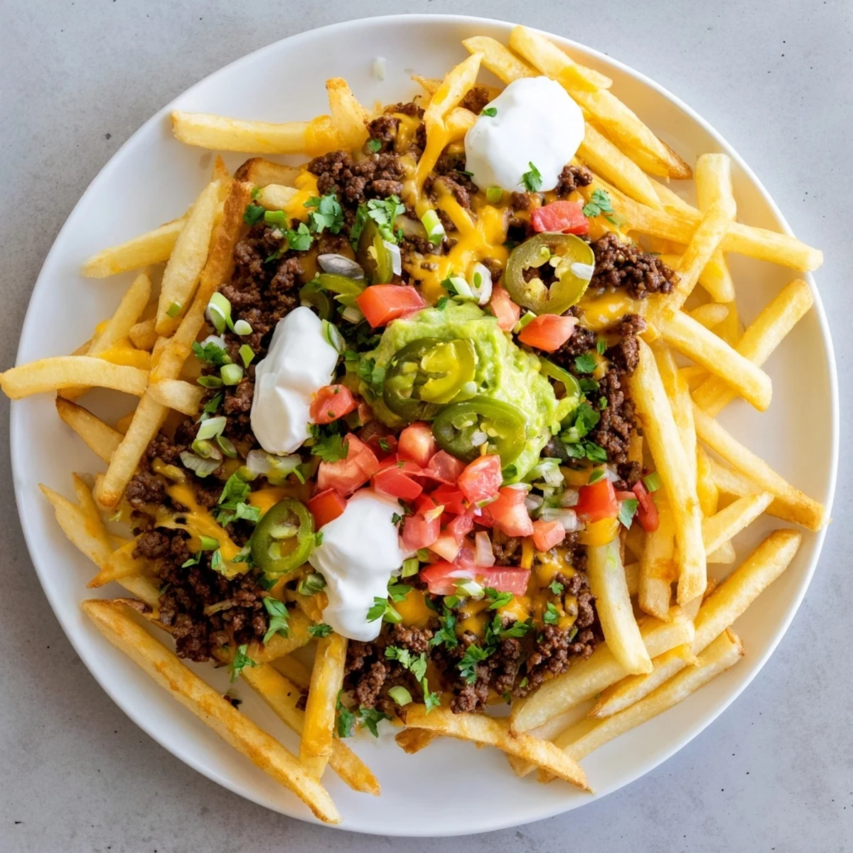 Heaping platter of taco beef loaded fries showcasing layered seasoned meat melty cheese blend and colorful fresh toppings for sharing