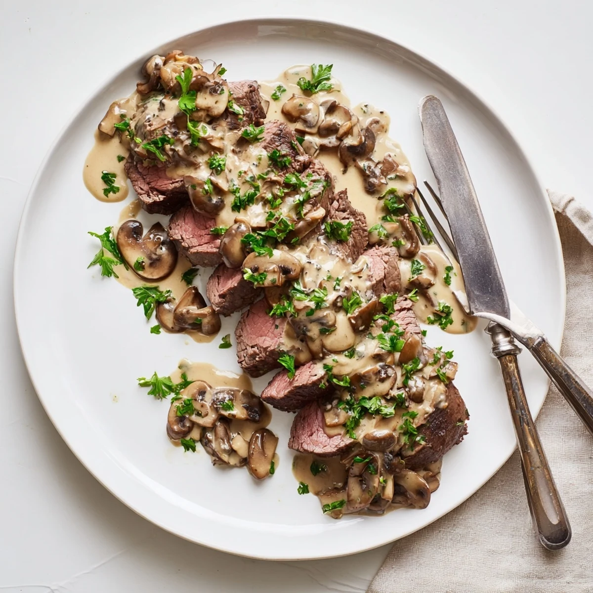 Sliced melt-in-your-mouth beef tenderloin drizzled with velvety mushroom cream sauce