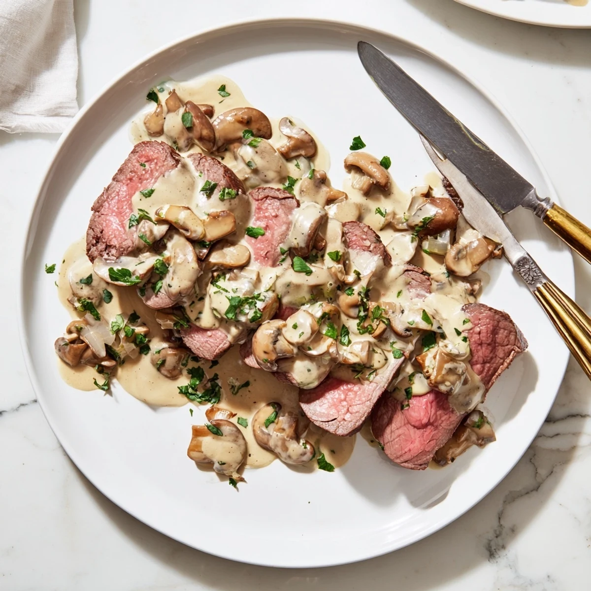 Juicy medium-rare tenderloin slices topped with luxurious white wine mushroom cream sauce