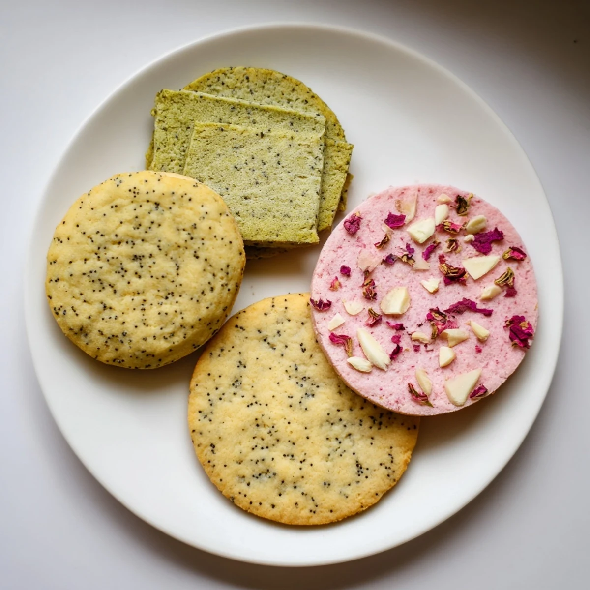 Colorful spring cookie collection featuring lemon poppy seed, matcha almond, and strawberry white chocolate varieties arranged on a white serving platter