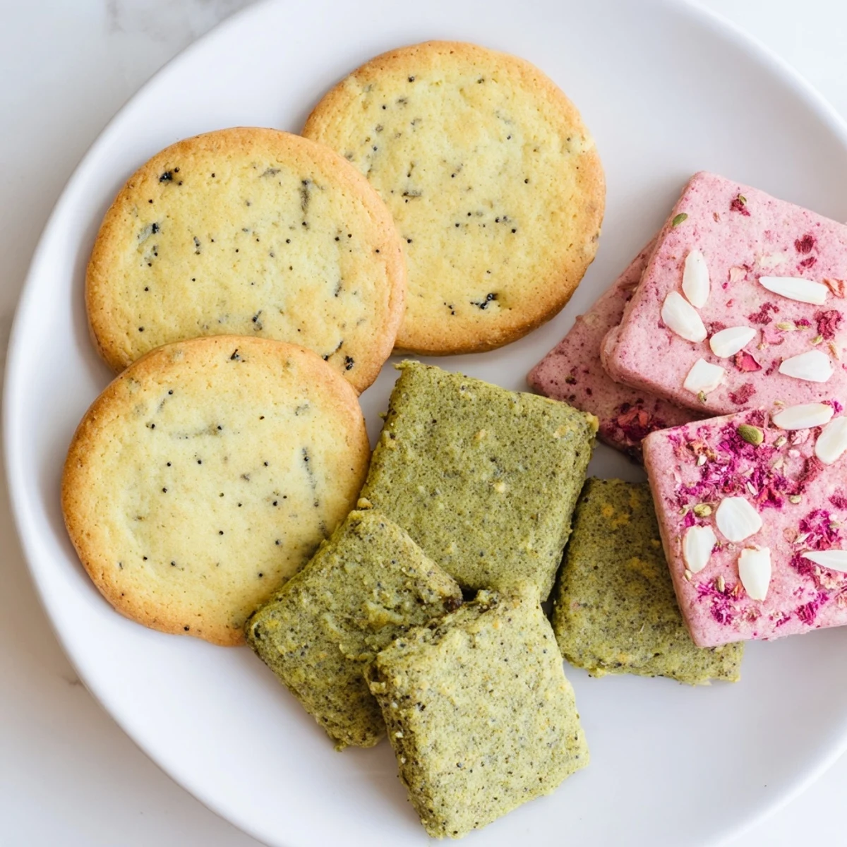 Freshly baked spring cookie assortment with bright lemon, green matcha, and pink strawberry cookies perfect for Easter or Mother's Day gatherings