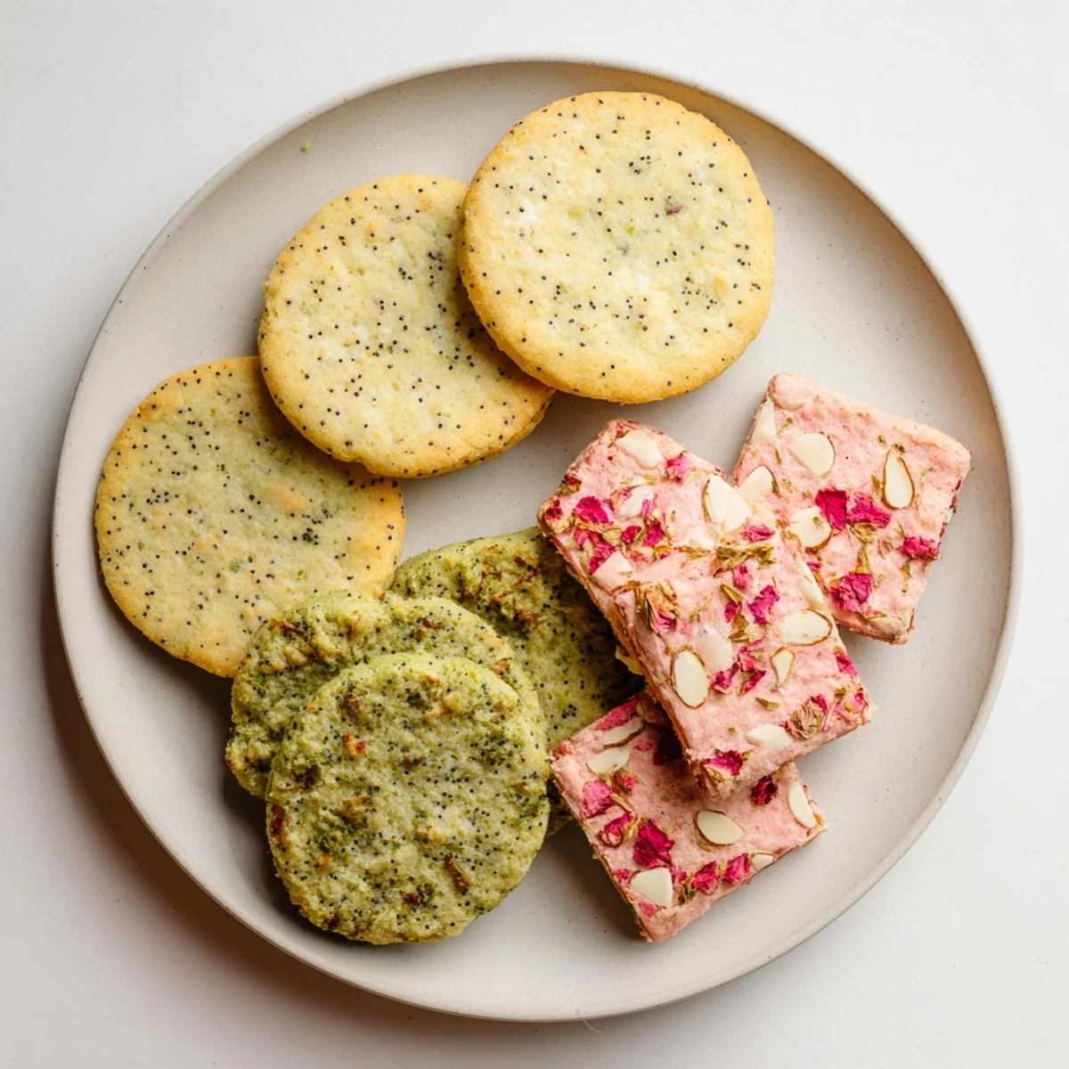 Assortment of three vibrant spring cookie flavors including zesty lemon, earthy matcha, and sweet strawberry white chocolate displayed on a rustic wooden board