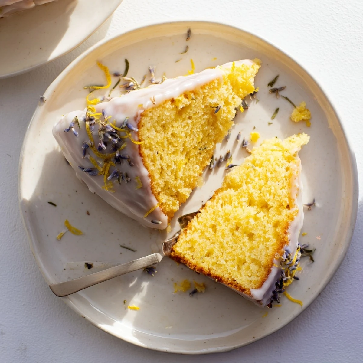 Moist lemon lavender cake slice revealing tender yellow crumb with glossy lemon icing and dried lavender garnish