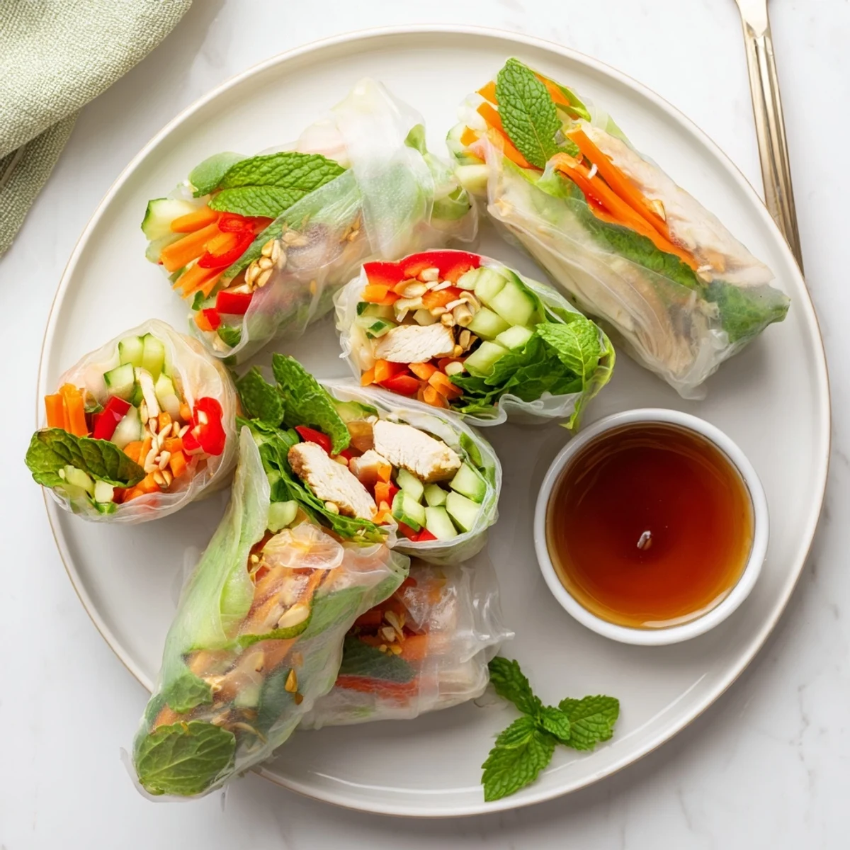 Light chicken veggie spring rolls wrapped in translucent rice paper with vibrant julienned vegetables