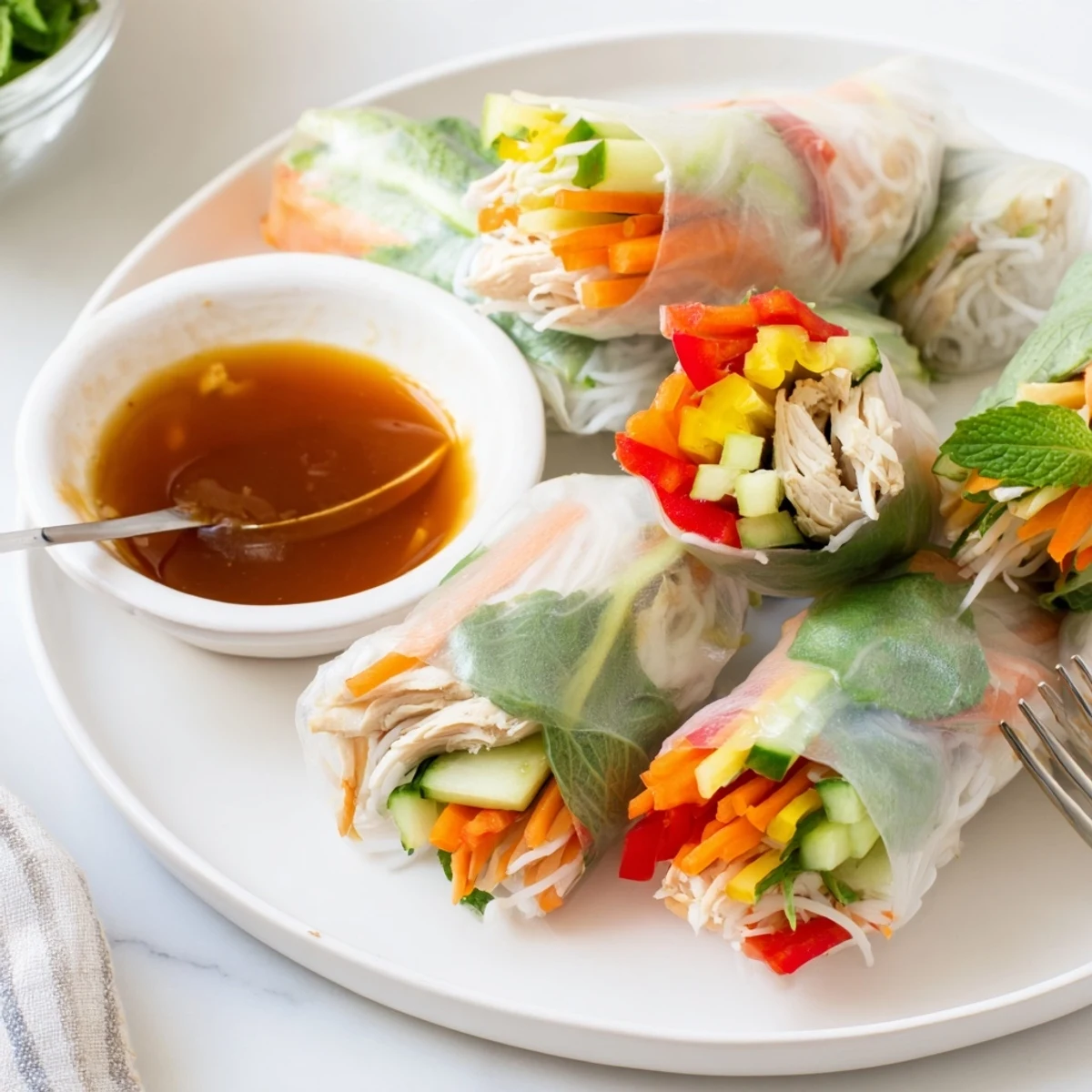 Fresh homemade light chicken veggie spring rolls served alongside zesty soy ginger dipping sauce
