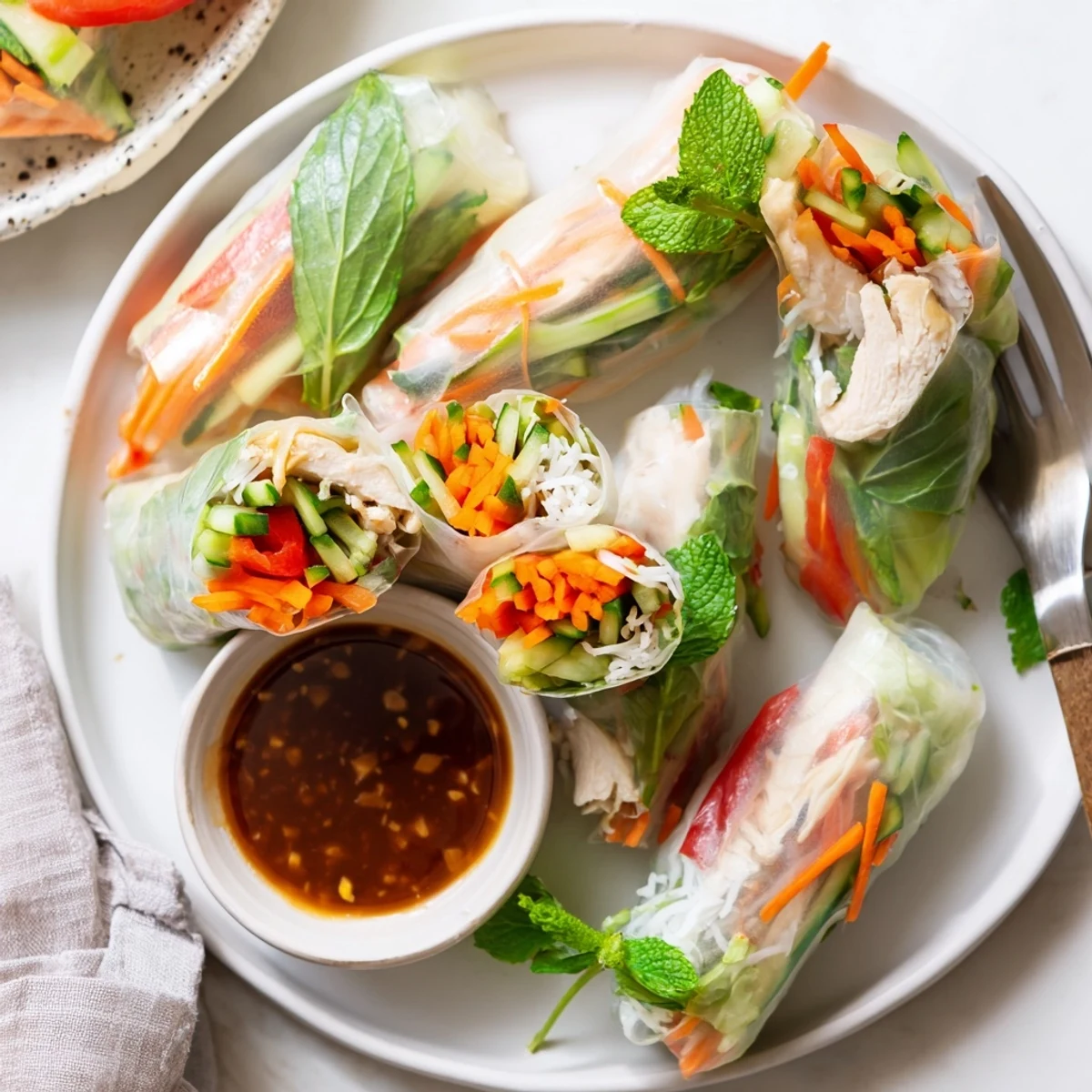 Crisp chicken veggie spring rolls showcasing colorful bell peppers carrots cucumber and tender chicken slices