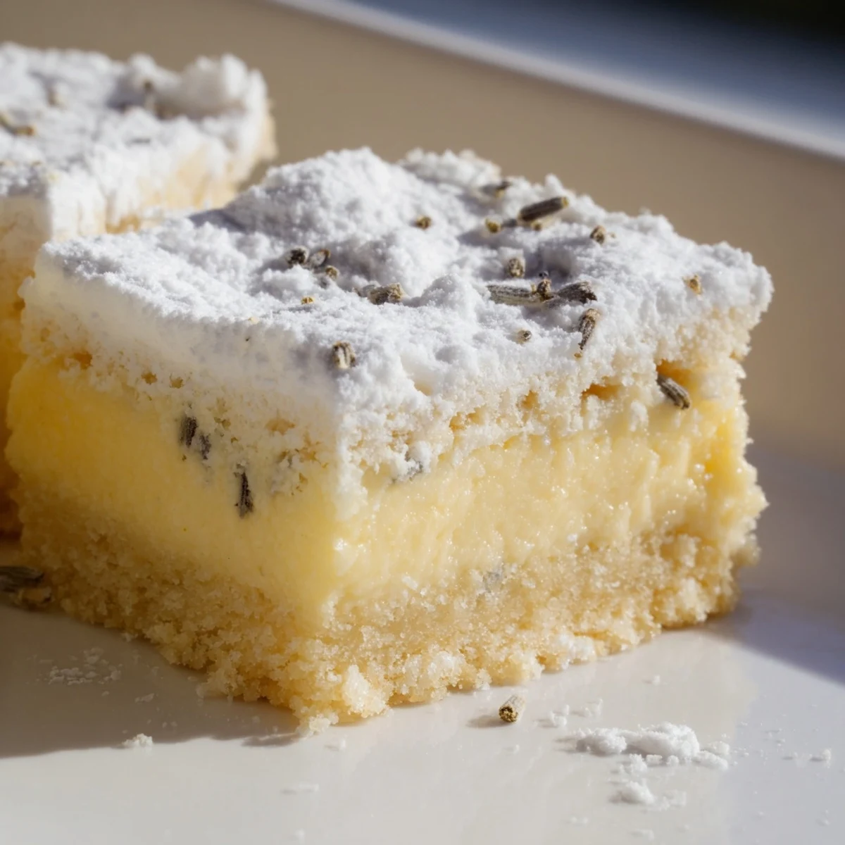 Golden lemon lavender cream bars with buttery shortbread crust and powdered sugar topping