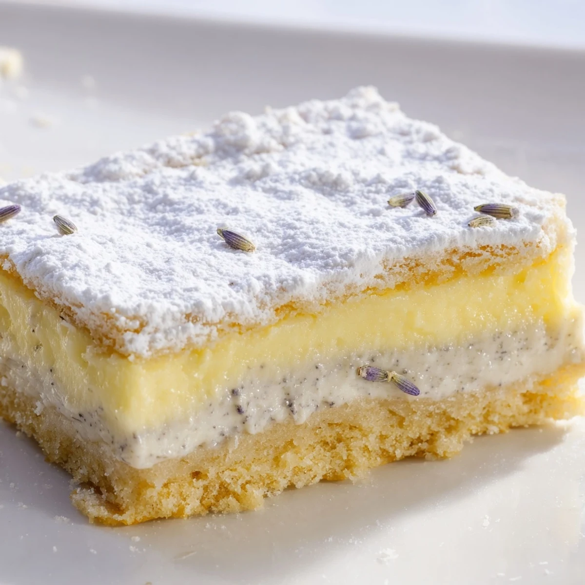 Creamy lemon lavender bars on white plate with floral garnish and powdered sugar dust