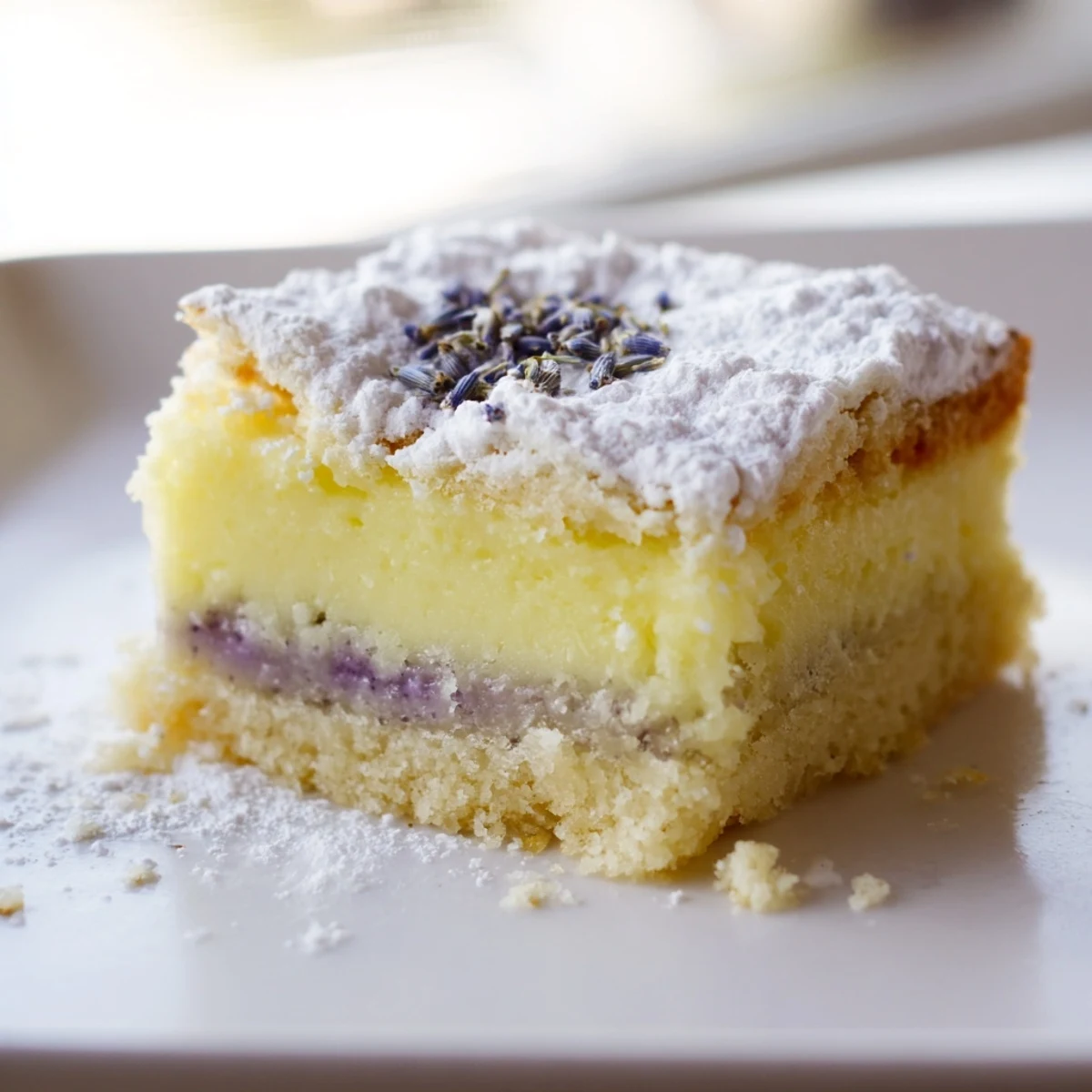 Square lavender lemon cream bars sliced on wooden board with bright yellow filling visible