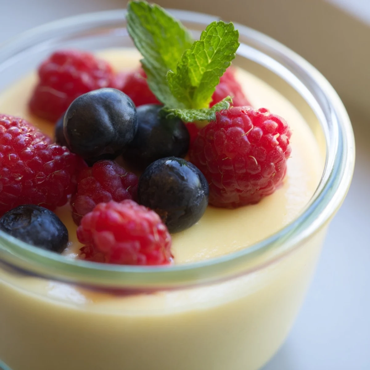 Silky smooth lemon posset set in white serving cups topped with vibrant raspberries and mint