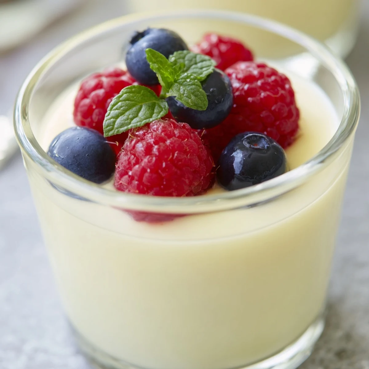 Creamy lemon posset dessert served in elegant glass ramekins with fresh berry garnish