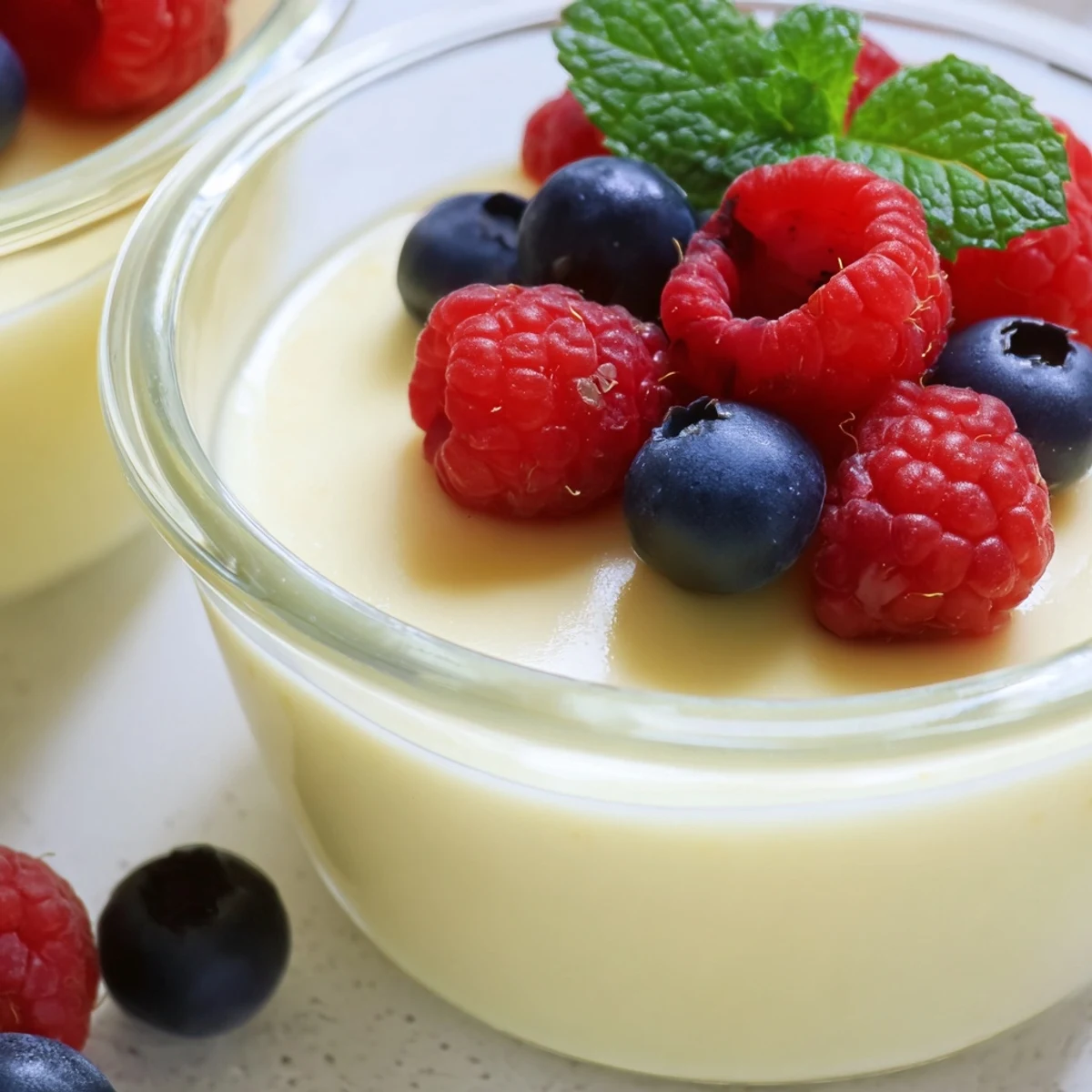 Classic British lemon posset with rich velvety texture garnished with fresh mint and berries
