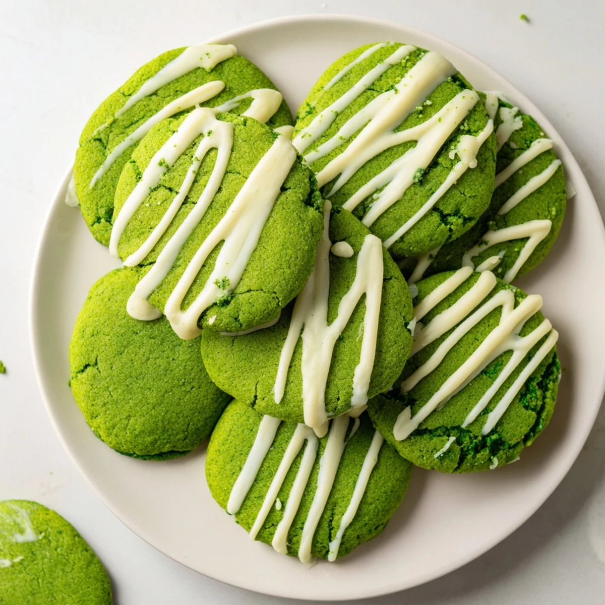 Vibrant green cookies with sweet white chocolate stripes cooling on a wire rack