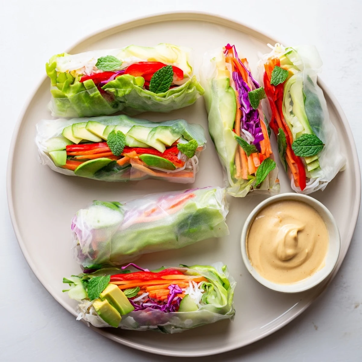 Fresh spring rolls with transparent rice paper revealing colorful julienned vegetables and vibrant green herbs