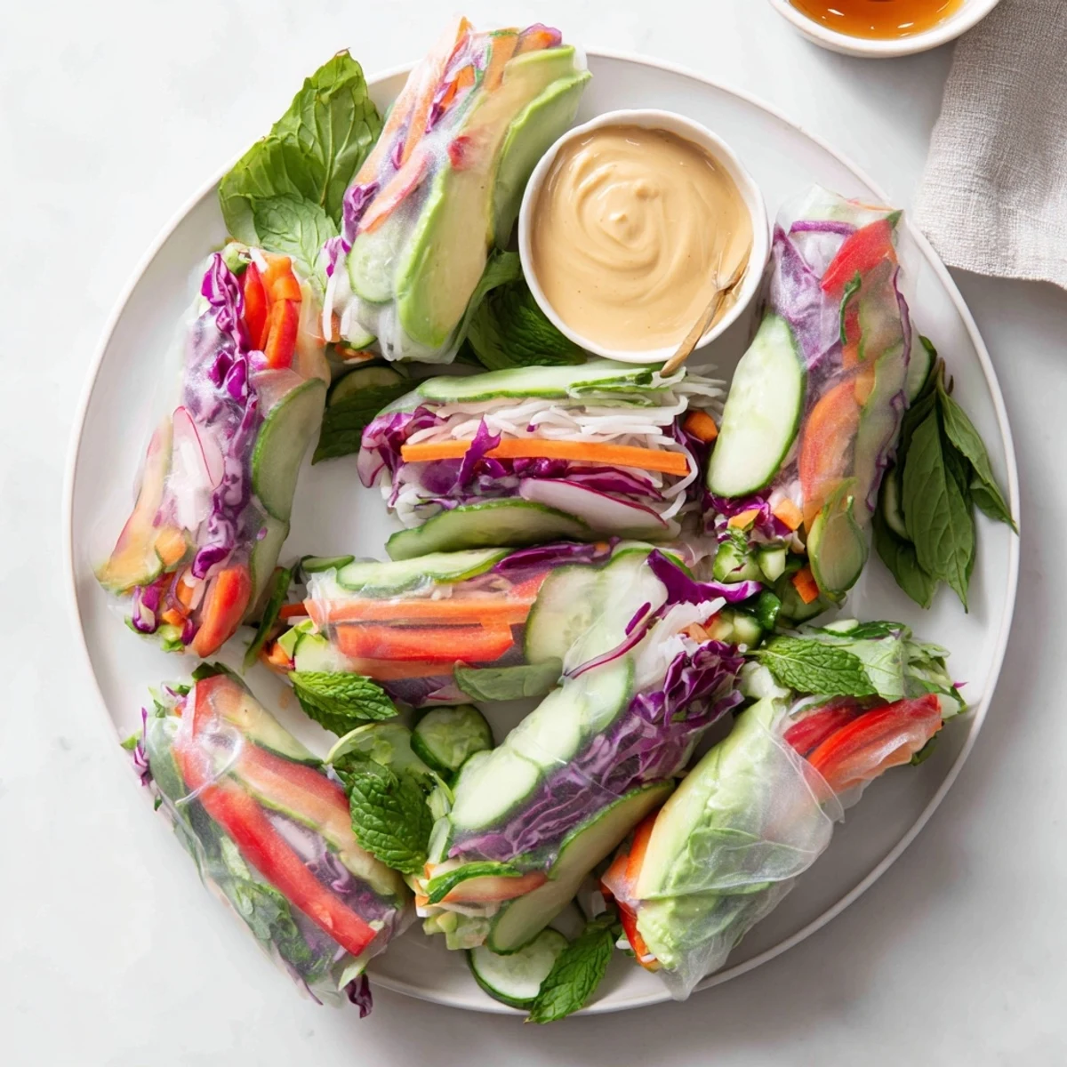 Vietnamese fresh spring rolls served alongside rich creamy peanut dipping sauce on a white plate