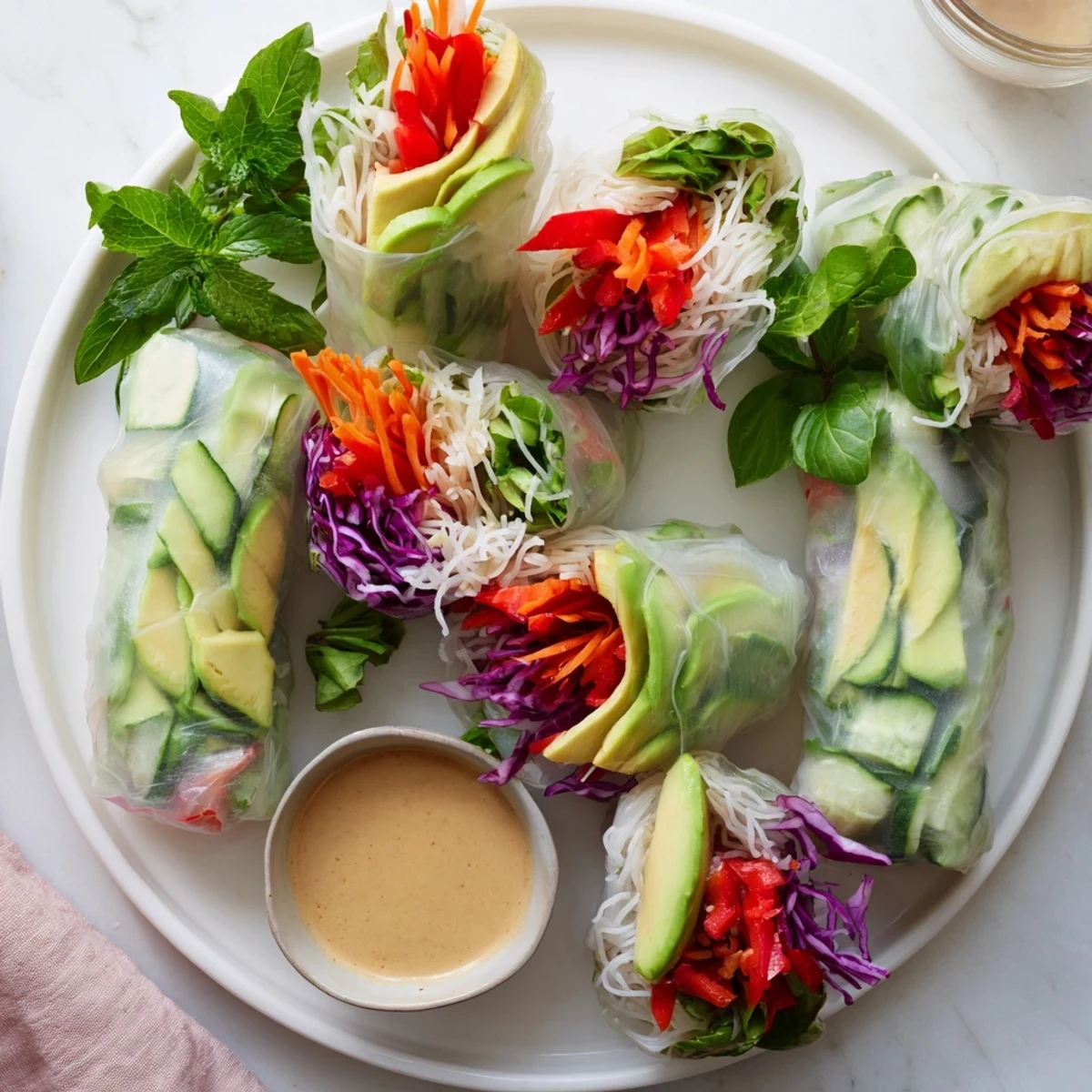 Crisp vegetable-filled fresh spring rolls arranged on wooden board with small bowl of peanut sauce