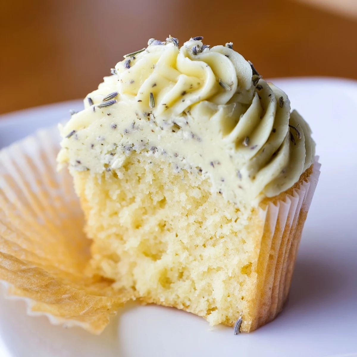 Fresh and fluffy lemon lavender cupcakes topped with creamy white frosting and sprinkled with culinary lavender buds.