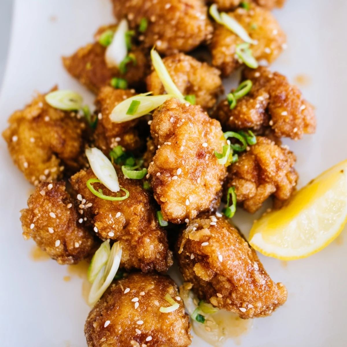 Golden brown Hawaiian mochiko chicken pieces garnished with green onions and sesame seeds on a white serving plate