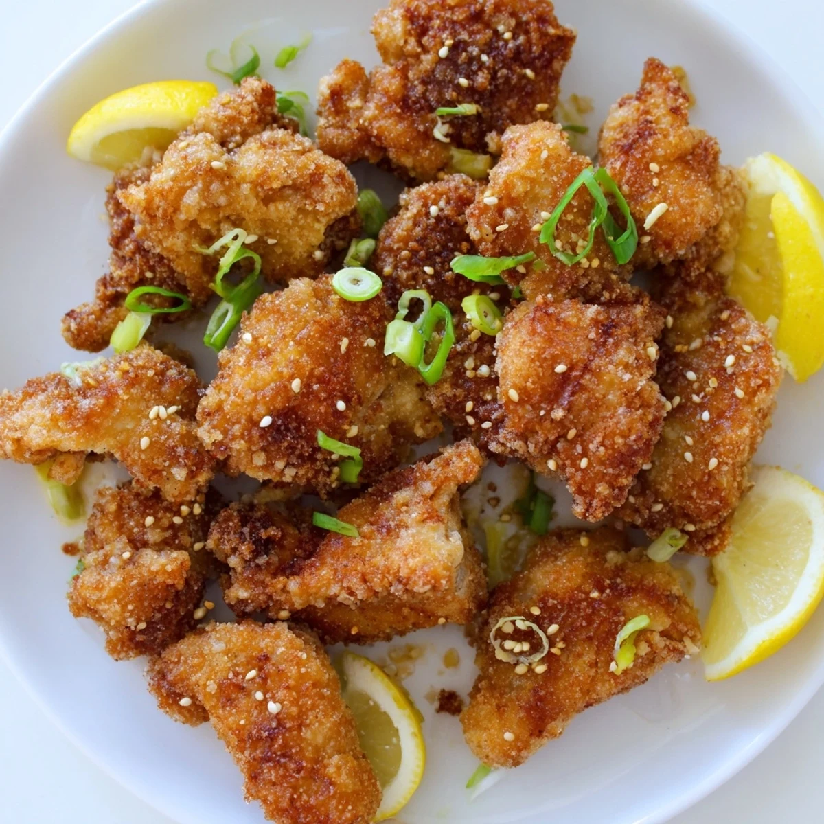 Crispy fried mochiko chicken thighs piled high with fresh scallions and toasted sesame seed topping