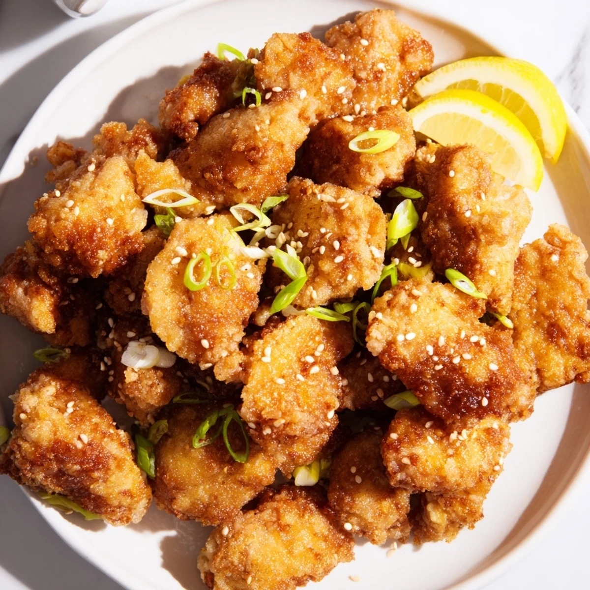 Deep-fried Hawaiian chicken with sweet rice flour coating served with lemon wedges and sliced green onions