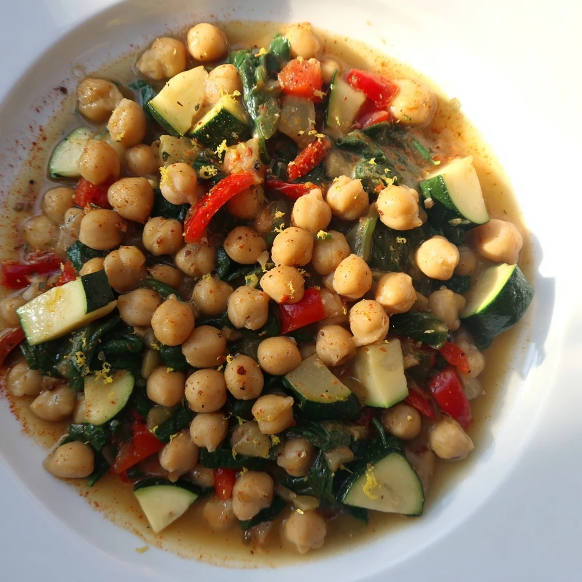 One-pan chickpea lemon skillet featuring zesty vegetables garnished with chopped parsley over a Mediterranean background