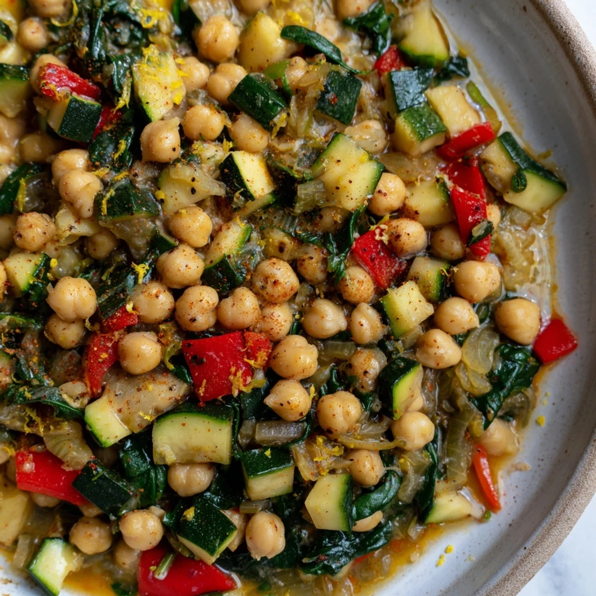 Colorful vegan chickpea lemon skillet bubbling in a cast iron pan with vibrant red peppers and spinach