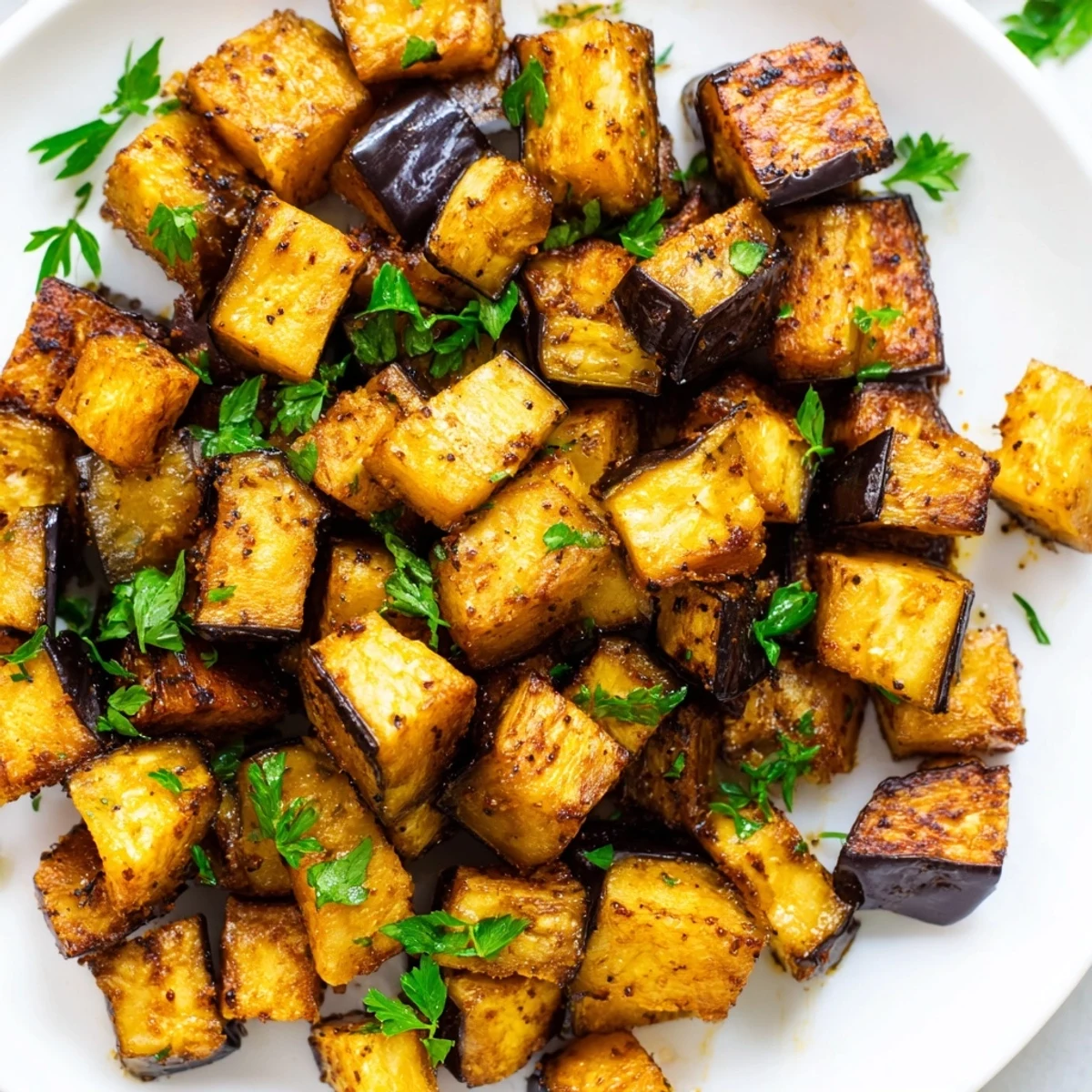 Golden brown low calorie air fryer eggplant cubes seasoned with herbs and spices on a white serving plate